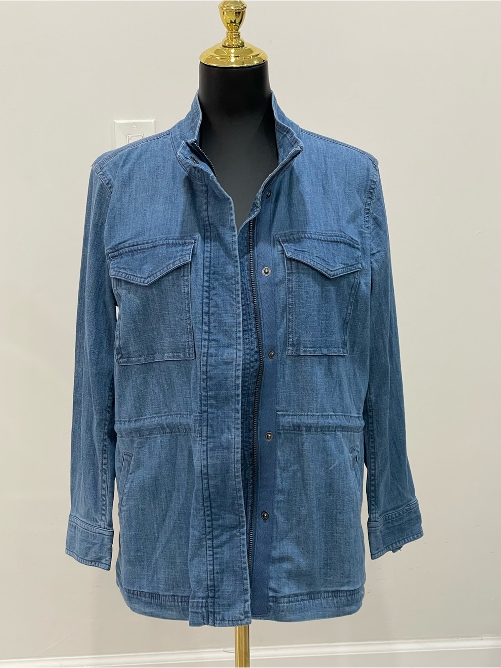 Style & Co. Blue Chambray Utility Chore Jacket Cinch Waist PL Petite Large